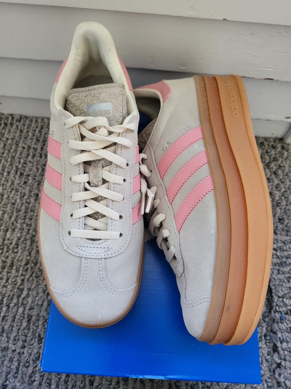 Adidas Women's Suede Sneaker in Light Gray with Pink Stripes